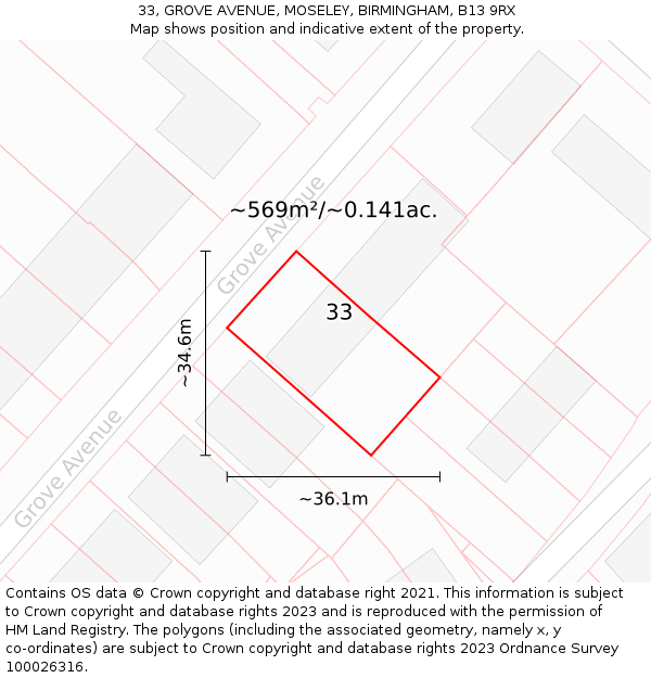 33, GROVE AVENUE, MOSELEY, BIRMINGHAM, B13 9RX: Plot and title map