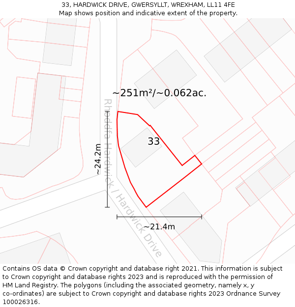 33, HARDWICK DRIVE, GWERSYLLT, WREXHAM, LL11 4FE: Plot and title map