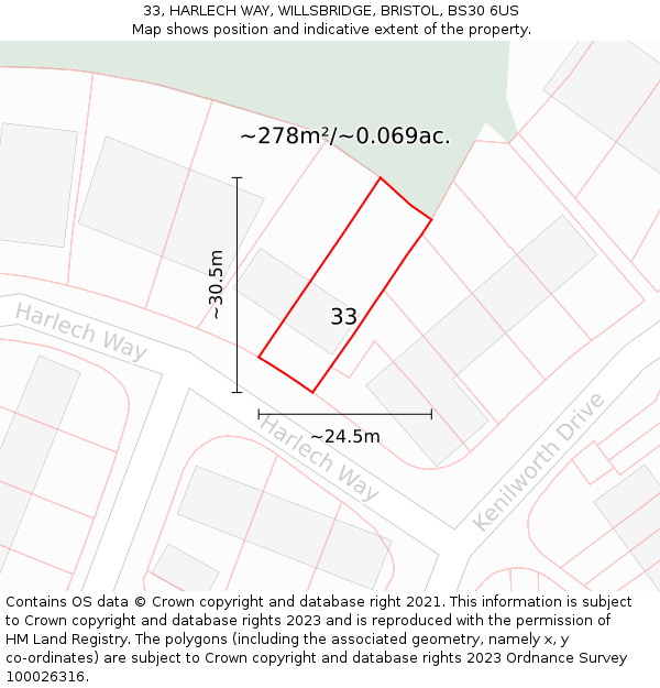 33, HARLECH WAY, WILLSBRIDGE, BRISTOL, BS30 6US: Plot and title map