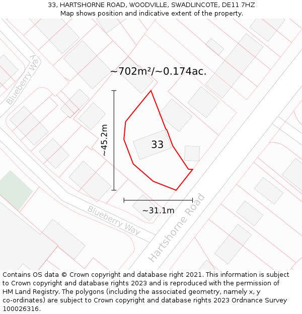 33, HARTSHORNE ROAD, WOODVILLE, SWADLINCOTE, DE11 7HZ: Plot and title map