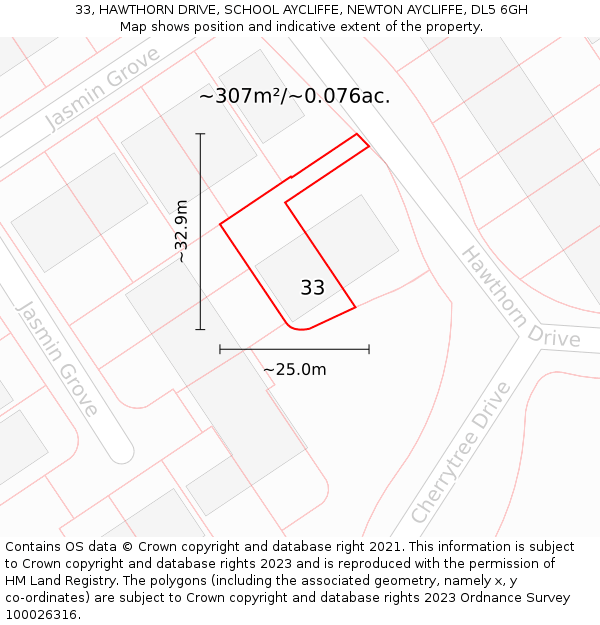 33, HAWTHORN DRIVE, SCHOOL AYCLIFFE, NEWTON AYCLIFFE, DL5 6GH: Plot and title map