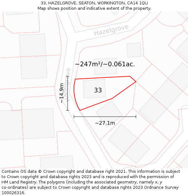 33, HAZELGROVE, SEATON, WORKINGTON, CA14 1QU: Plot and title map