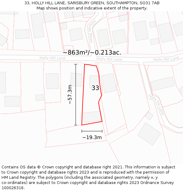 33, HOLLY HILL LANE, SARISBURY GREEN, SOUTHAMPTON, SO31 7AB: Plot and title map