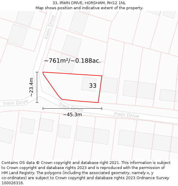 33, IRWIN DRIVE, HORSHAM, RH12 1NL: Plot and title map