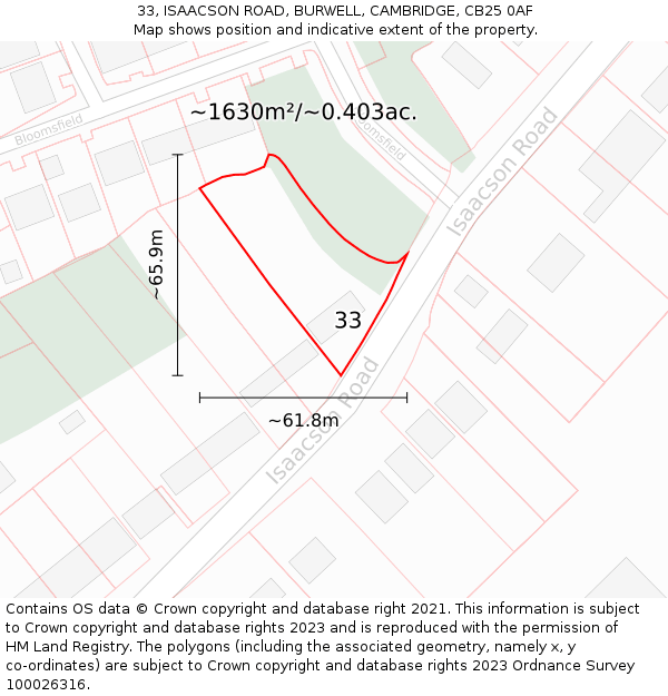 33, ISAACSON ROAD, BURWELL, CAMBRIDGE, CB25 0AF: Plot and title map