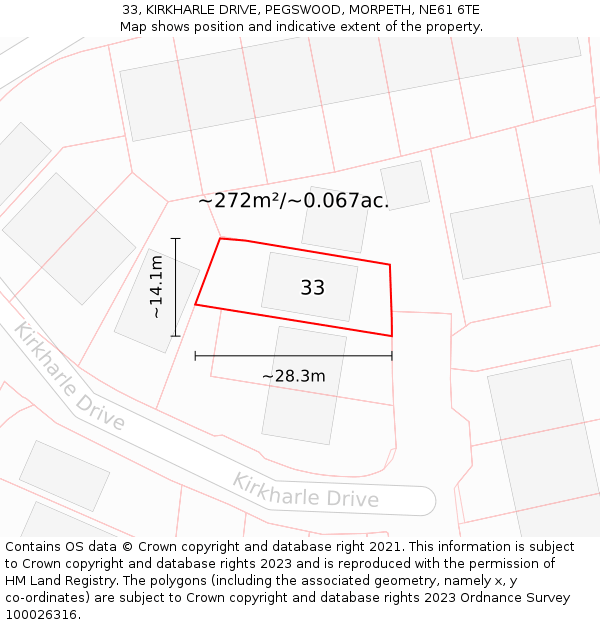 33, KIRKHARLE DRIVE, PEGSWOOD, MORPETH, NE61 6TE: Plot and title map