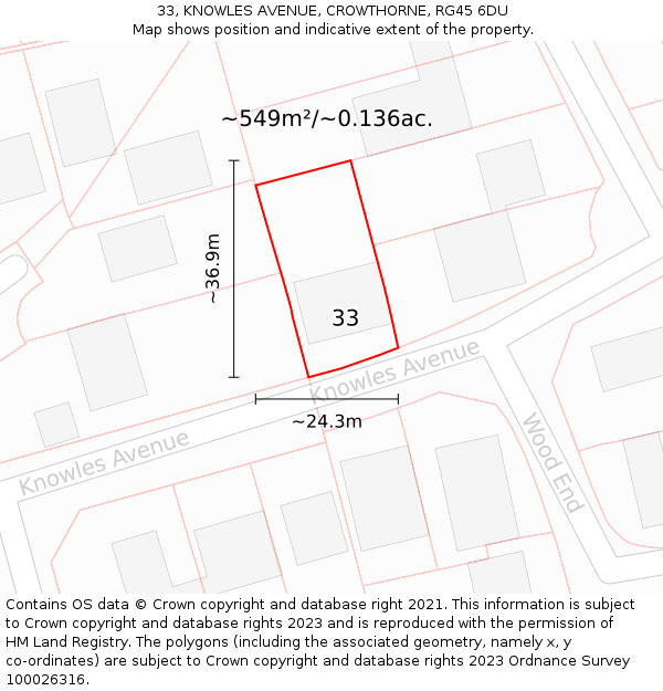 33, KNOWLES AVENUE, CROWTHORNE, RG45 6DU: Plot and title map