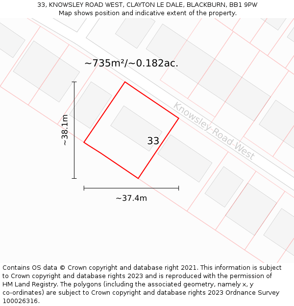 33, KNOWSLEY ROAD WEST, CLAYTON LE DALE, BLACKBURN, BB1 9PW: Plot and title map