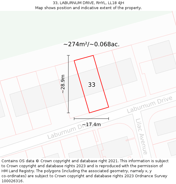 33, LABURNUM DRIVE, RHYL, LL18 4JH: Plot and title map