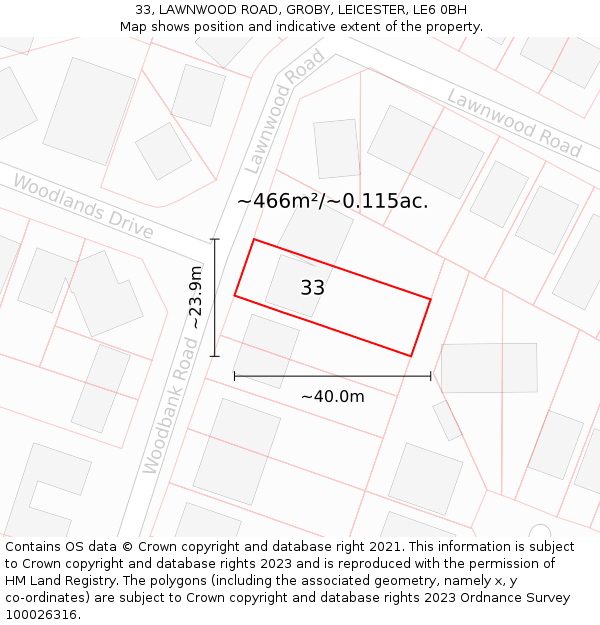 33, LAWNWOOD ROAD, GROBY, LEICESTER, LE6 0BH: Plot and title map