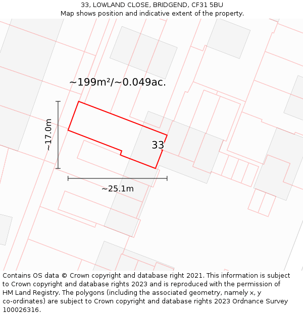 33, LOWLAND CLOSE, BRIDGEND, CF31 5BU: Plot and title map