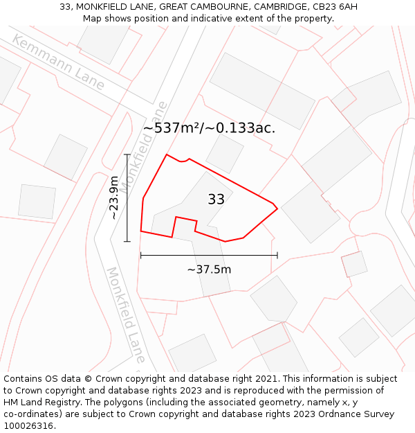 33, MONKFIELD LANE, GREAT CAMBOURNE, CAMBRIDGE, CB23 6AH: Plot and title map