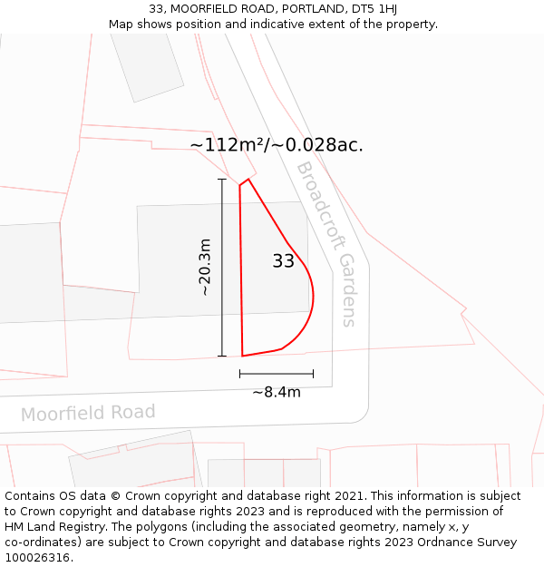 33, MOORFIELD ROAD, PORTLAND, DT5 1HJ: Plot and title map