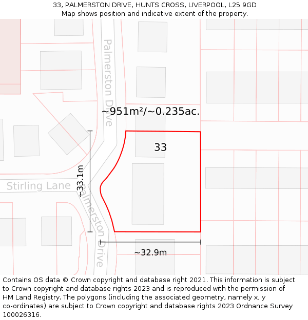 33, PALMERSTON DRIVE, HUNTS CROSS, LIVERPOOL, L25 9GD: Plot and title map