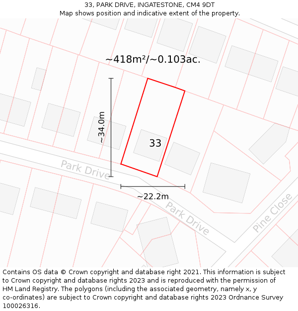 33, PARK DRIVE, INGATESTONE, CM4 9DT: Plot and title map