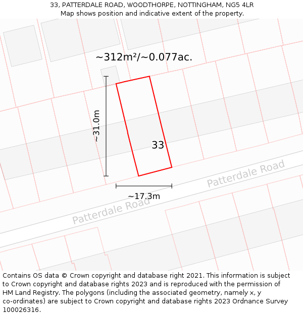 33, PATTERDALE ROAD, WOODTHORPE, NOTTINGHAM, NG5 4LR: Plot and title map