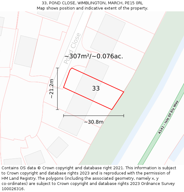 33, POND CLOSE, WIMBLINGTON, MARCH, PE15 0RL: Plot and title map