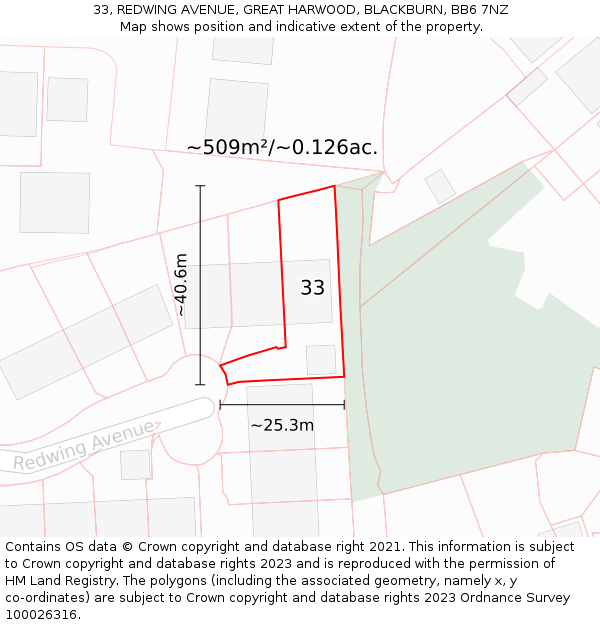 33, REDWING AVENUE, GREAT HARWOOD, BLACKBURN, BB6 7NZ: Plot and title map