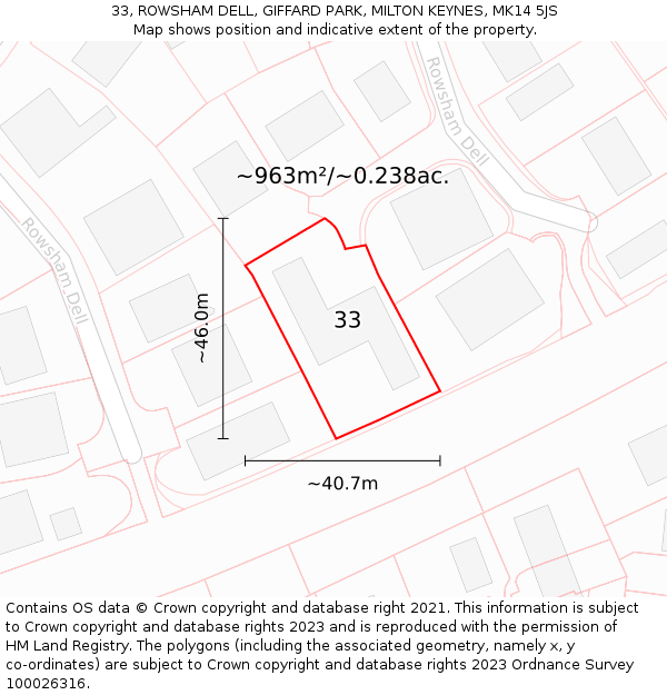 33, ROWSHAM DELL, GIFFARD PARK, MILTON KEYNES, MK14 5JS: Plot and title map