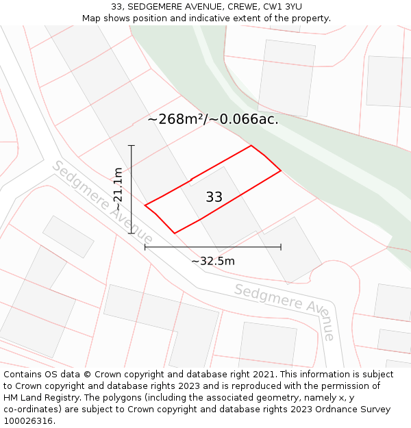 33, SEDGEMERE AVENUE, CREWE, CW1 3YU: Plot and title map