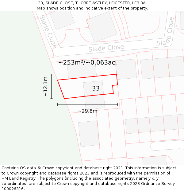 33, SLADE CLOSE, THORPE ASTLEY, LEICESTER, LE3 3AJ: Plot and title map