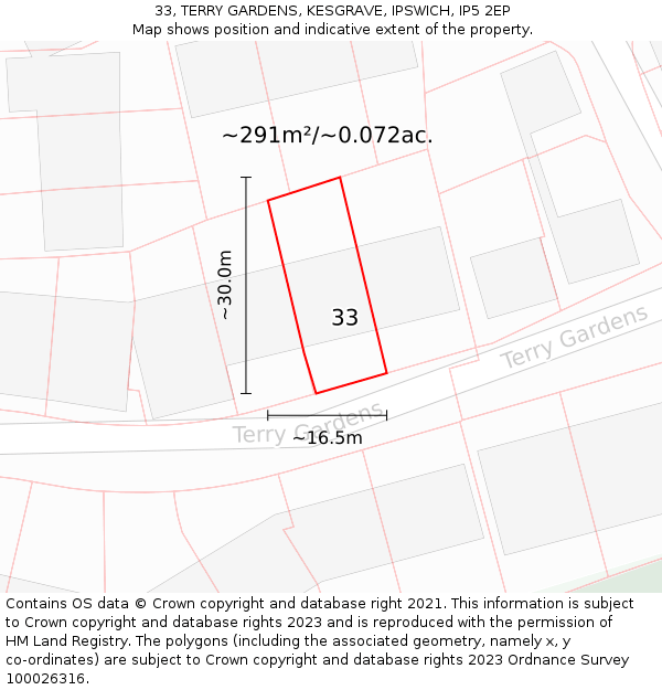 33, TERRY GARDENS, KESGRAVE, IPSWICH, IP5 2EP: Plot and title map