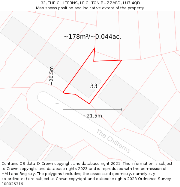 33, THE CHILTERNS, LEIGHTON BUZZARD, LU7 4QD: Plot and title map