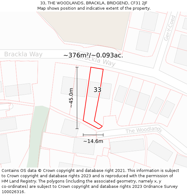 33, THE WOODLANDS, BRACKLA, BRIDGEND, CF31 2JF: Plot and title map