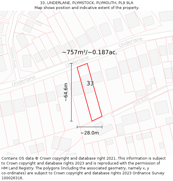 33, UNDERLANE, PLYMSTOCK, PLYMOUTH, PL9 9LA: Plot and title map