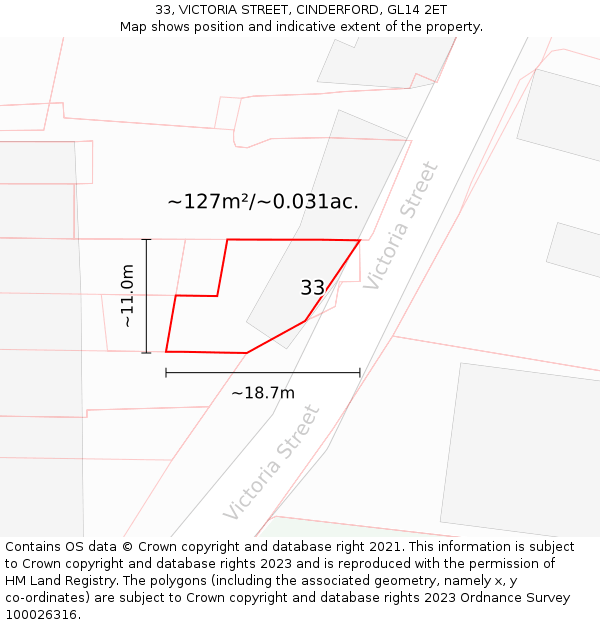 33, VICTORIA STREET, CINDERFORD, GL14 2ET: Plot and title map