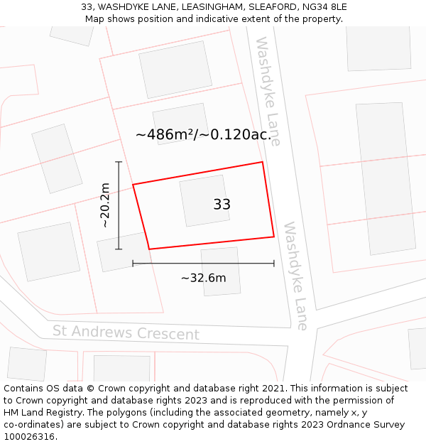 33, WASHDYKE LANE, LEASINGHAM, SLEAFORD, NG34 8LE: Plot and title map