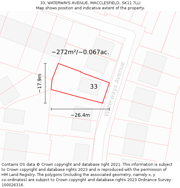 33, WATERWAYS AVENUE, MACCLESFIELD, SK11 7LU: Plot and title map