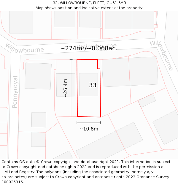 33, WILLOWBOURNE, FLEET, GU51 5AB: Plot and title map