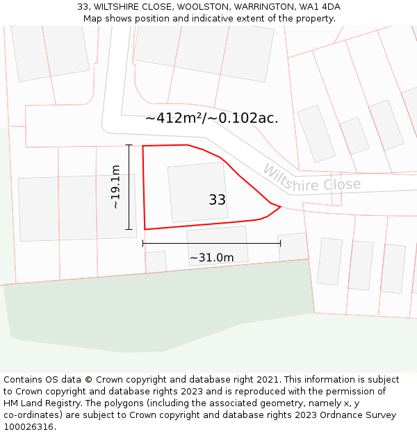 33, WILTSHIRE CLOSE, WOOLSTON, WARRINGTON, WA1 4DA: Plot and title map