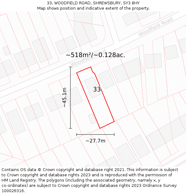 33, WOODFIELD ROAD, SHREWSBURY, SY3 8HY: Plot and title map