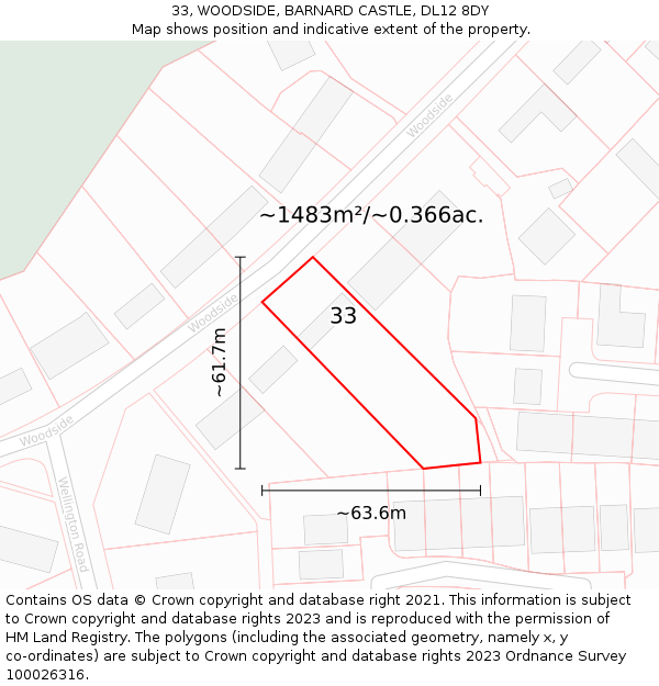 33, WOODSIDE, BARNARD CASTLE, DL12 8DY: Plot and title map