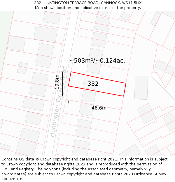 332, HUNTINGTON TERRACE ROAD, CANNOCK, WS11 5HX: Plot and title map