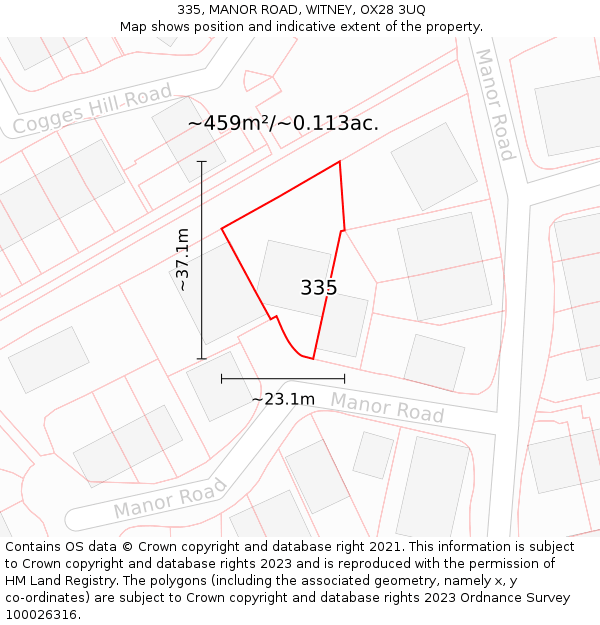 335, MANOR ROAD, WITNEY, OX28 3UQ: Plot and title map