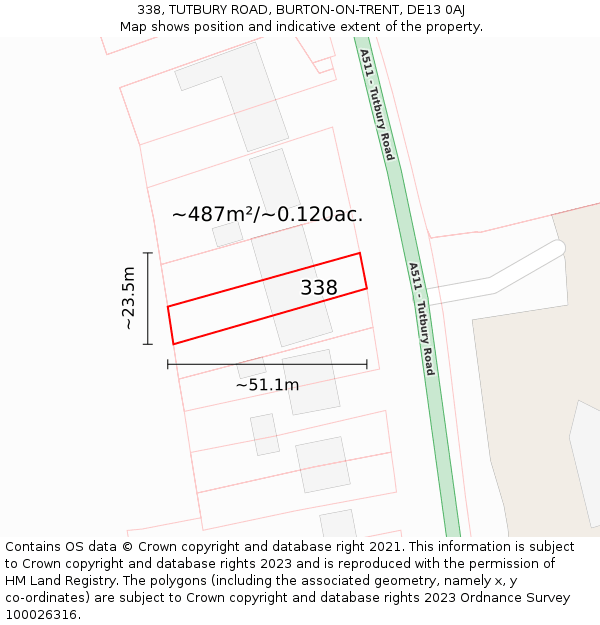 338, TUTBURY ROAD, BURTON-ON-TRENT, DE13 0AJ: Plot and title map