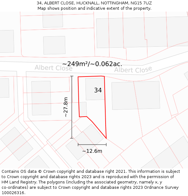 34, ALBERT CLOSE, HUCKNALL, NOTTINGHAM, NG15 7UZ: Plot and title map