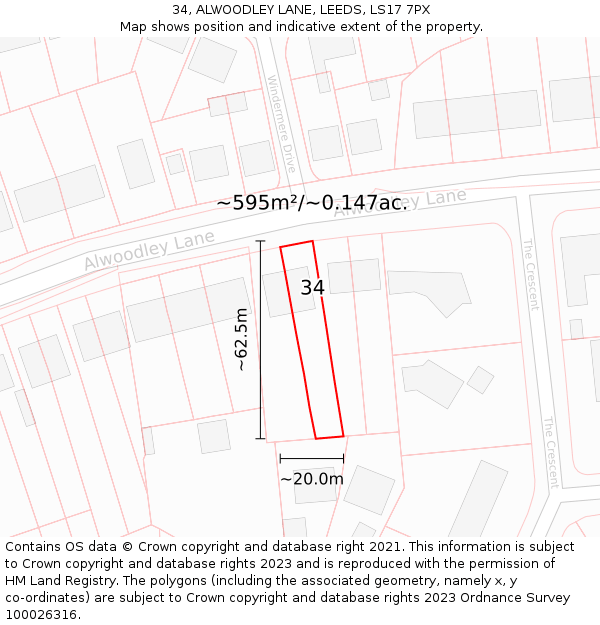 34, ALWOODLEY LANE, LEEDS, LS17 7PX: Plot and title map