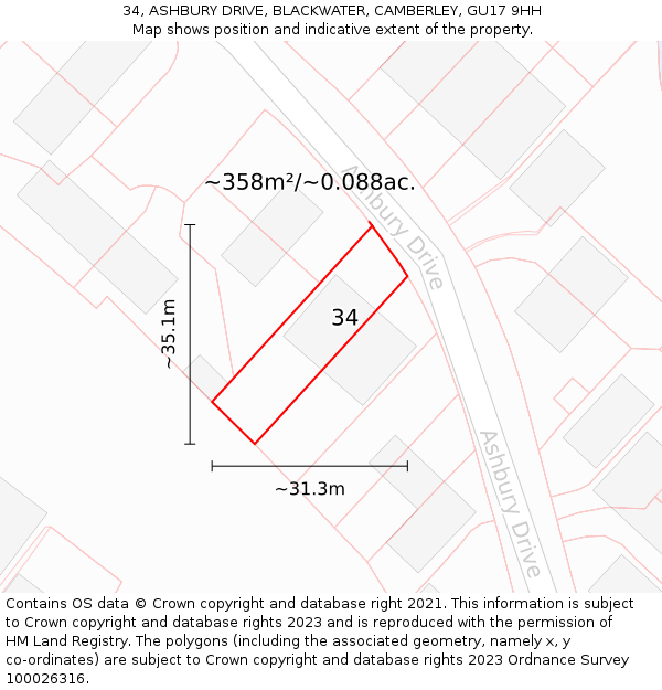 34, ASHBURY DRIVE, BLACKWATER, CAMBERLEY, GU17 9HH: Plot and title map