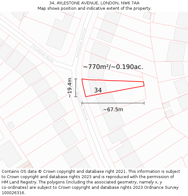 34, AYLESTONE AVENUE, LONDON, NW6 7AA: Plot and title map