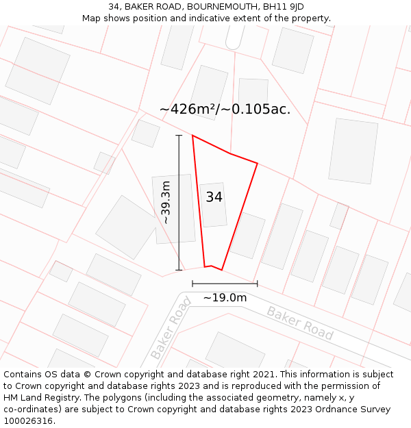 34, BAKER ROAD, BOURNEMOUTH, BH11 9JD: Plot and title map