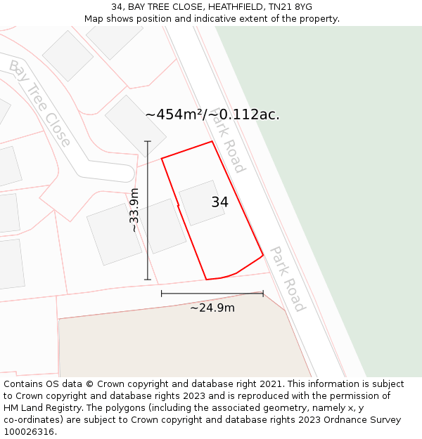 34, BAY TREE CLOSE, HEATHFIELD, TN21 8YG: Plot and title map