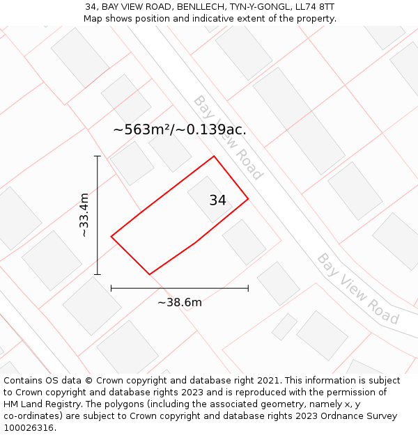 34, BAY VIEW ROAD, BENLLECH, TYN-Y-GONGL, LL74 8TT: Plot and title map