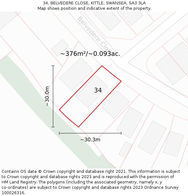 34, BELVEDERE CLOSE, KITTLE, SWANSEA, SA3 3LA: Plot and title map