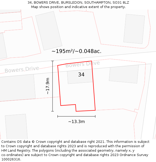 34, BOWERS DRIVE, BURSLEDON, SOUTHAMPTON, SO31 8LZ: Plot and title map