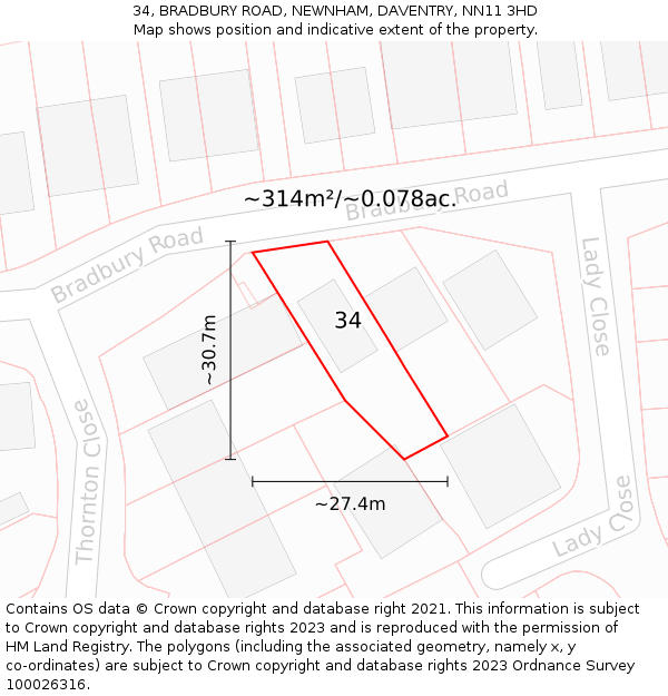 34, BRADBURY ROAD, NEWNHAM, DAVENTRY, NN11 3HD: Plot and title map