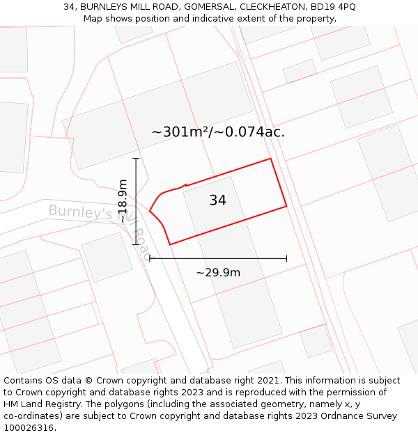 34, BURNLEYS MILL ROAD, GOMERSAL, CLECKHEATON, BD19 4PQ: Plot and title map